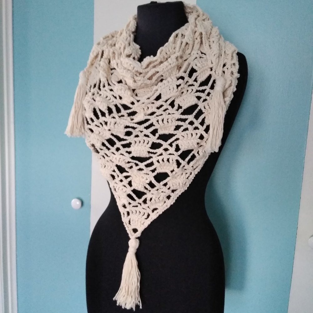 Handmade Crochet Crème Ivory Scarf w/Tassels - Picture 2 of 7